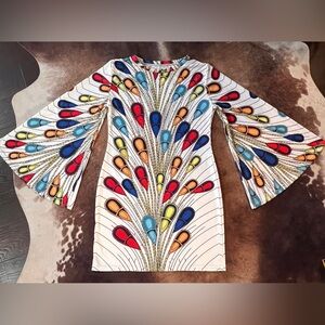 Colorful Peacock Print Bell Sleeve Retro Inspired Shift Dress~XL